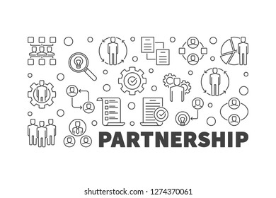 Partnership vector horizontal outline banner or illustration on white background 
