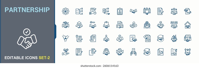 Partnership vector line icon set. Contain linear symbols hand, approval, team and more. Agreement icon collection. Vector icons collection. Editable stroke collections.
