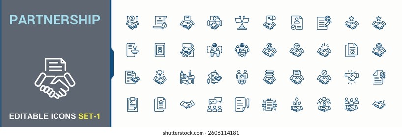 Partnership vector line icon set. Contain linear symbols hand, approval, team and more. Agreement icon collection. Vector icons collection. Editable stroke collections.