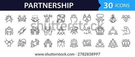 Partnership Web Icon Set in Linear Style. Collection of Collaboration line icons, including agreement, plan, teamwork, synergy, success and win-win solution, cooperative and more. Editable stroke