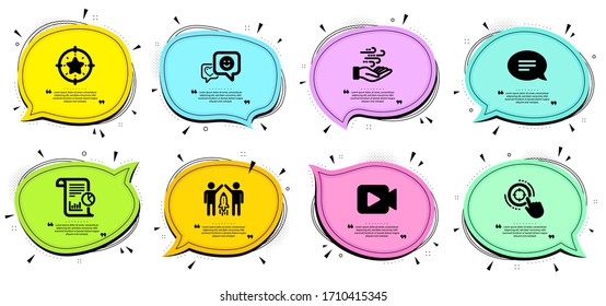 Partnership, Wind energy and Chat signs. Chat bubbles with quotes. Star target, Smile and Report line icons set. Video camera, Seo target symbols. Winner award, Socila media. Technology set. Vector