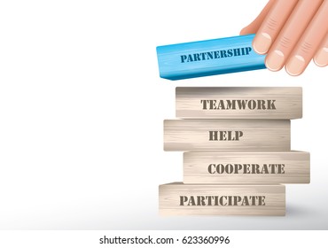 Partnership as wooden blocks tower with hand putting one piece on top