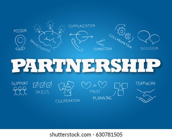 Partnership word on light blue background. Vector illustration.
