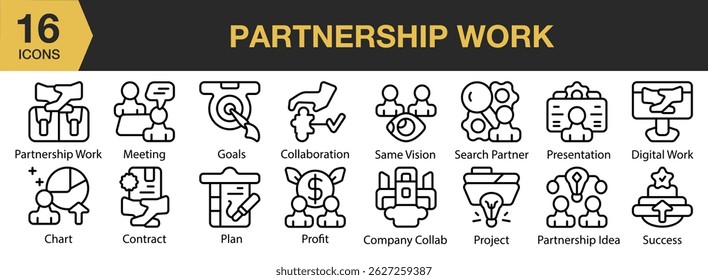 Partnership Work icon set. Includes partnership, work, business, teamwork, team, cooperation, and More. Outline icons vector collection.