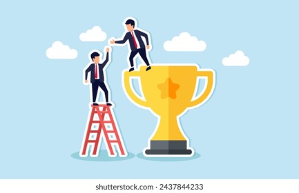 Partnerships aid in success, offering support and mentorship to achieve shared goals through teamwork, trust, and leadership. Businessmen assist colleagues in climbing the ladder to win together