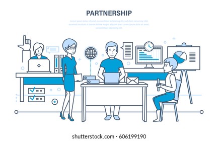 Partnerships, teamwork and joint activities, communications, discussions, discussion of performance indicators. Illustration thin line design of vector doodles, infographics elements.