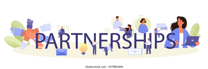 Partnerships typographic header. Employees collaboration, establishment of team working. Office characters working in team. Flat vector illustration