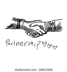 Partneship. Sketch handshake vector illustration with word partnership