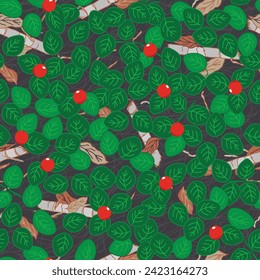 Partridge berries also known as Mitchella repens, grow red berries with bright green round leaves on the boreal forest floor in the tiaga bogs now creating a lovely vector repeat pattern design.