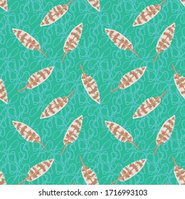 Partridge feathers seamless vector pattern on turquoise background. Decorative surface print design. For fabrics, stationery and packaging.