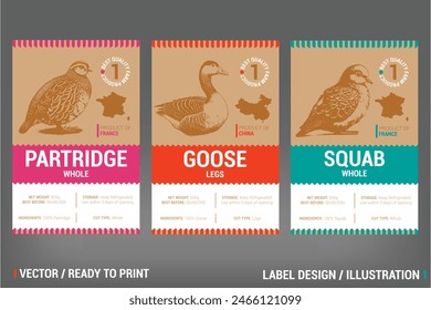 Partridge, Goose, Squab Meat Packaging Label vector design set. Including hand drawn rustic illustration on craft paper pack. Badge with county of produce, storage rules and type of meat cuts