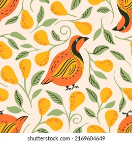 partridge and pear tree seamless vector pattern. Christmas bird.