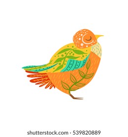Partridge Relaxed Cartoon Wild Animal With Closed Eyes Decorated With Boho Hipster Style Floral Motives And Patterns