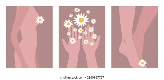 Parts Of A Beautiful Female Body. Body, Arms, Legs With Daisies. A Symbol Of Femininity And Beauty. Body Positive. Vector Flat Illustration.