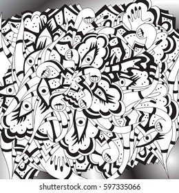 Parts of the body, hands, eyes, lips. Awful, psychedelic ornament. Freehand sketch. Black-white illustration.