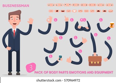 Parts Body Template For Design Work And Animation. Funny Office Man Cartoon. Vector Illustration On Light Background. Set The Character Says Costume Animations. Men Game.