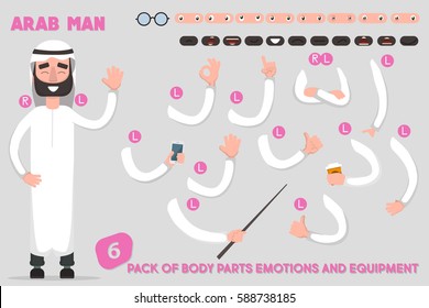 Teilkörpervorlage für Design und Animation. Funny arab man Cartoon. Vektorgrafik auf hellem Hintergrund. Männer spielen.