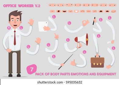 Parts Body Template For Design Work And Animation. Funny Office Man Cartoon. Vector Illustration On Light Background.