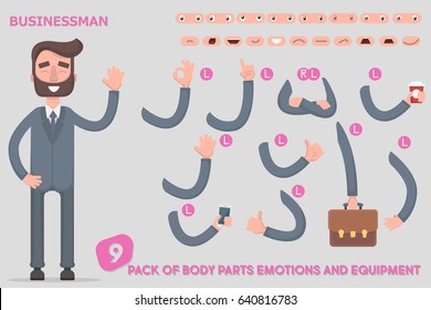 Parts body template for design work and animation. Funny office man cartoon. Vector illustration on light background. Set the character says costume animations. Men game.