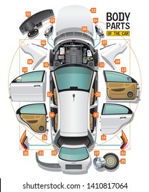 Parts of a body of the white car are spread out on a floor as analysis and entered in a circle and a square, like Leonardo Da Vinci's sketch.