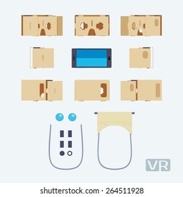 Parts of the cardboard virtual reality headset. The objects are isolated against the white background and shown from different sides
