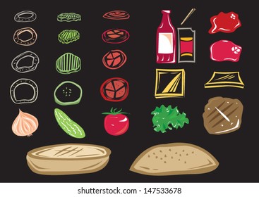 Parts of a Cheeseburger. Colored Isolated in Black