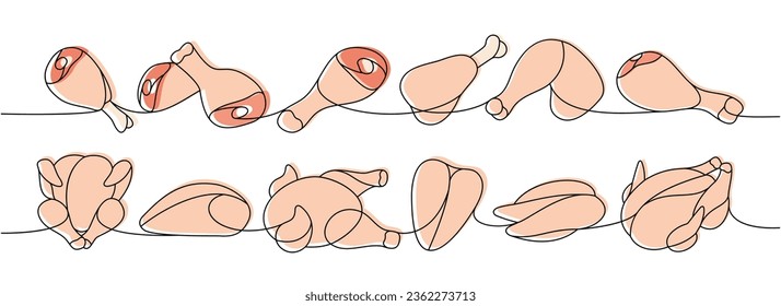 Parts of chicken meat one line colored continuous drawing. Raw chicken meat parts continuous one line illustration. Vector linear illustration.