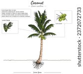 Parts of coconut plant or tree template. coconut Tree structure diagram. coconut Tree education and parts. Fruit education study. Can be used for topics like biology or education poster.