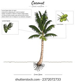 Parts of coconut plant or tree template. coconut Tree structure diagram. coconut Tree education and parts. Fruit education study. Can be used for topics like biology or education poster.