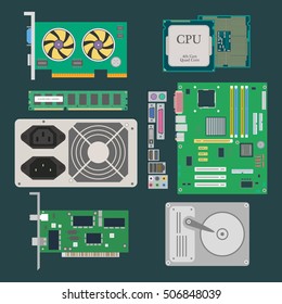 Parts of Computer. Video Card, CPU, HDD, RAM, Ethernet card, Power Supply on the dark green background. Vector illustration