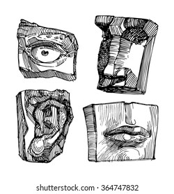 parts of David's face. Sketch of face, mouth, nose, eye, ear, lips.