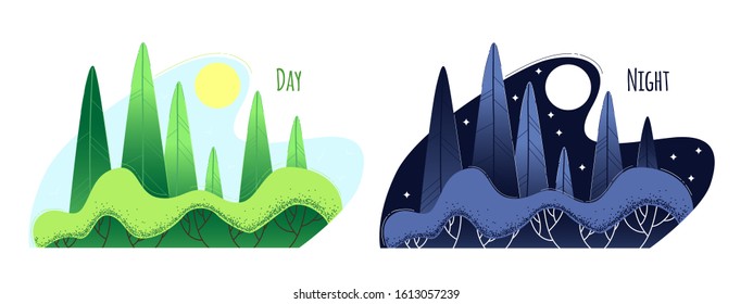 Parts of the day on the example of a forest landscape. Day and night. Vector flat illustration on isolated background