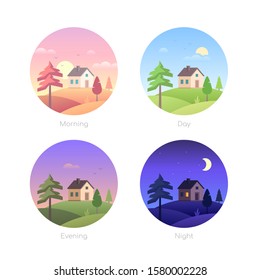 Parts of the day - set of flat design style vector elements in round frames. Modern icons with cottage houses, buildings, countryside landscapes with a field. Morning, afternoon, evening, night themes