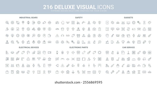 Parts of electrical appliances, circuits and gadgets, gears of process in industry line icon set. Devices and safety tools of electrician and worker thin black outline symbols vector illustration