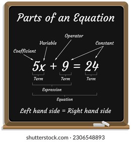 Parts of an Equation on a chalkboard. School. Math. Vector illustration.