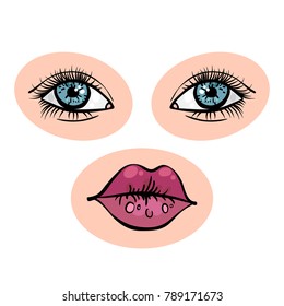 Parts of the face, eyes with eyelashes, lips. Vector illustration. 