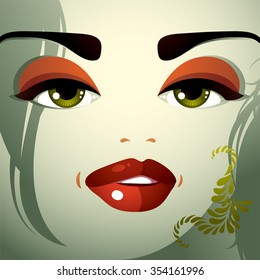 Parts of the face of young beautiful lady with bright make-up, lips, eyes and eyebrows. People facial expression, woman with modern hairstyle.