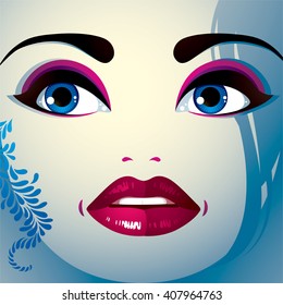 Parts of the face of young beautiful lady with bright make-up, lips, eyes and eyebrows. People facial expression, surprised woman with modern hairstyle.