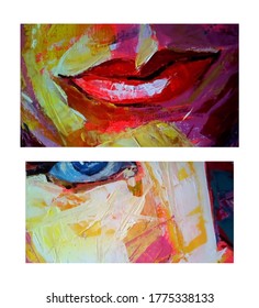 Parts of the female face: eye, nose and lips. Multicolor abstract image with acrylic. Vector set.