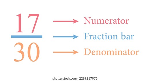 Parts of fraction number in mathematics. Numerator, denominator and fraction bar. Representation of a fraction. Vector illustration isolated on white background.
