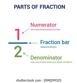 Parts of fraction. Numerator, denominator and fraction bar