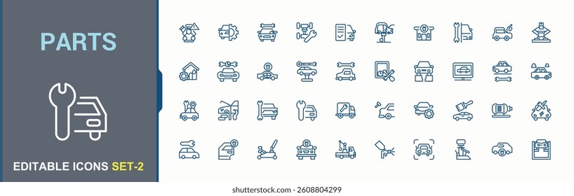 Parts icon set. Includes symbols for automotive, service, part, auto, engine and more. Auto Parts modern icon. Icons for UI design. Pixel perfect. Minimalist vector illustration.