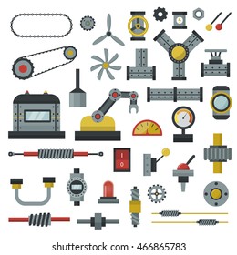 Parts of machinery flat icons set manufacturing work detail design