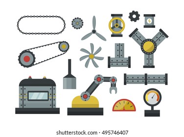 Parts of machinery flat icons set manufacturing work detail design