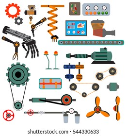 Parts of machinery flat icons set. Gear mechanical, equipment part, industry technical engine mechanic, vector illustration