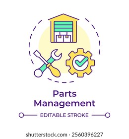 Parts management multi color concept icon. Inventory management. Key component of FSM. Field service management. Round shape line illustration. Abstract idea. Graphic design. Easy to use in article