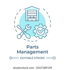 Parts management soft blue concept icon. Inventory management. Key component of FSM. Field service management. Round shape line illustration. Abstract idea. Graphic design. Easy to use in article