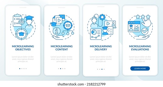 Parts of microlearning blue onboarding mobile app screen. Walkthrough 4 steps editable graphic instructions with linear concepts. UI, UX, GUI template. Myriad Pro-Bold, Regular fonts used