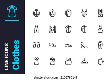 Parts of persons wardrobe icons set vector illustration. Closet components line icon. Fashion, design, style and clothes concept