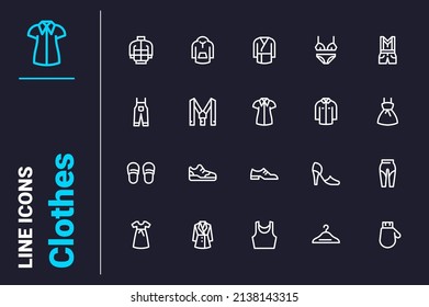 Parts of persons wardrobe icons set vector illustration. Closet components line icon. Fashion, design, style and clothes concept